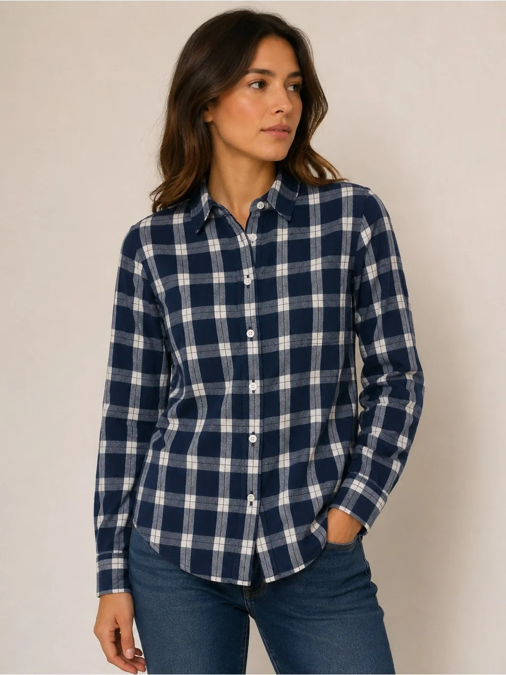 J.CREW Boy Fit Women’s 2 Navy White Plaid Long Sleeve Button Down Shirt Cotton